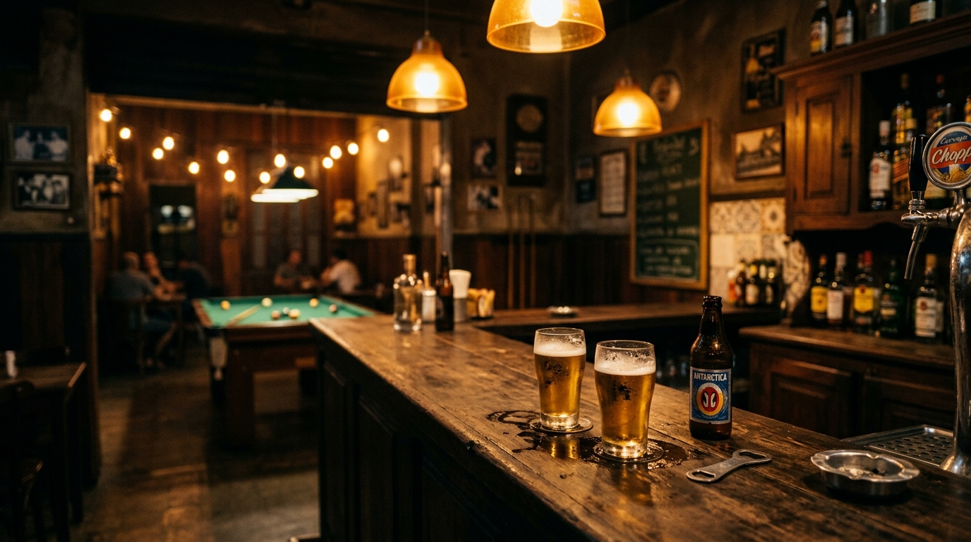 Interior do Bar do Cabeça com balcão, cervejas e mesa de sinuca
